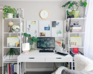 11white desk with white chair and two plant stands on either side
