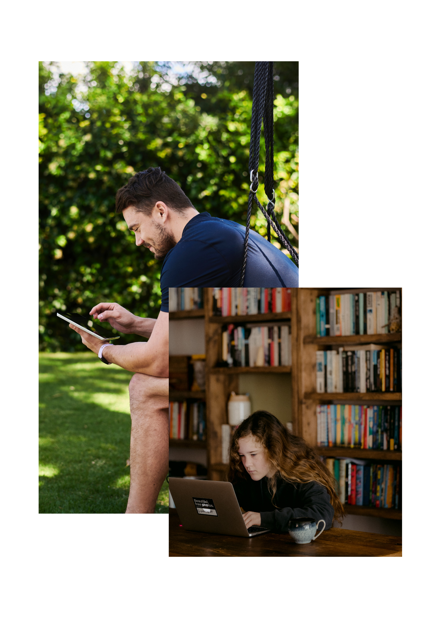 11Two photos - one of a young guy outside on a bench looking at a tablet and another picture of a girl in a library looking at a laptop